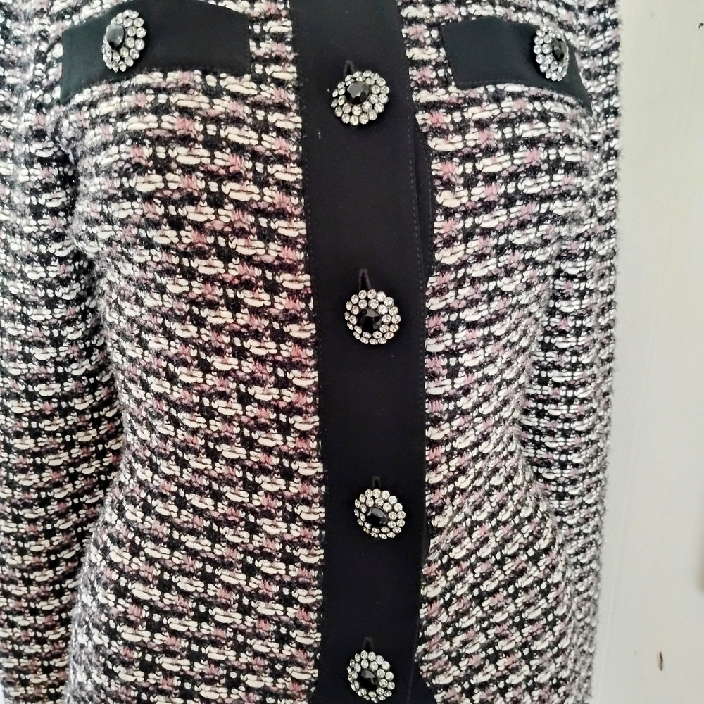 ST JOHN 2-6 BLACK PURPLE TWEED BOUCLE BLACK EYELASH METALLIC KNIT CRYSTAL JACKET - Picture 5 of 16